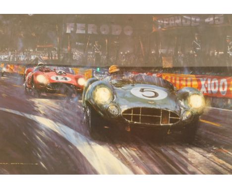 After Nicholas Watts, Aston Martin Victorious - Le Mans 1959, coloured print, signed by the artist, Roy Salvadori and Carroll