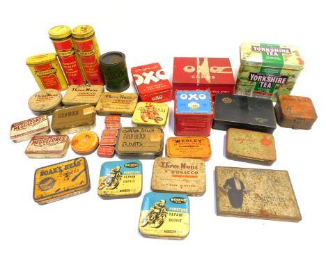 A group of advertising tins, to include Dunlop Repair Kits for tubuless tyres, Romak Puncture Repair Kits, etc. lacking conte