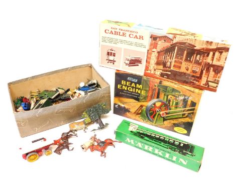 Britain's, Matchbox, and other figures and diecast vehicles, and a Hawk 517-130 San Francisco cable car, Airfix Museum model 