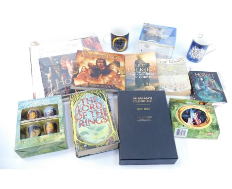 Lord of the Rings memorabilia, to include The Lord of the Rings hardback book, shot glass pack, mug, calendars, limited editi