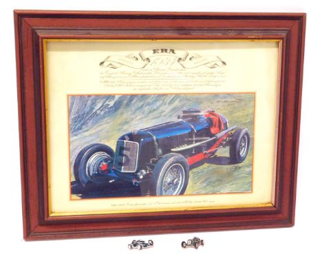 After Walker. ERA 1934 BRM print, and two racing pins.  (3)