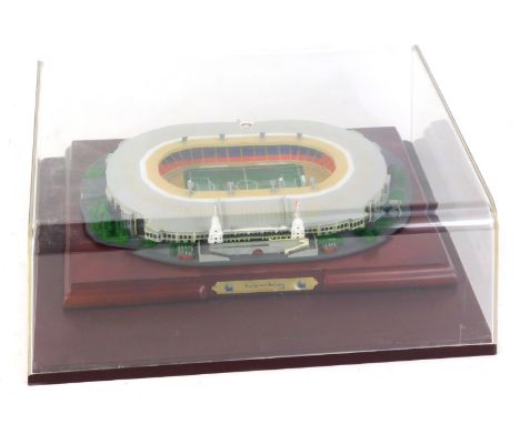 A Danbury Mint scale model of The Old Wembley Stadium, with twin towers, in Perspex case, 33cm wide, 29cm deep. 