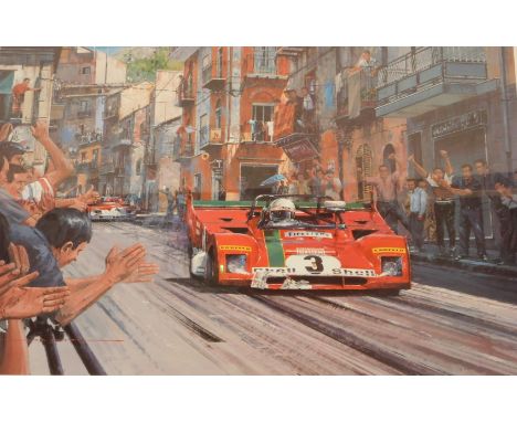After Nicholas Watts, Targa Florio 1972, coloured print, signed by the artist, Arturo Merzario and Sandro Munari (drivers), l