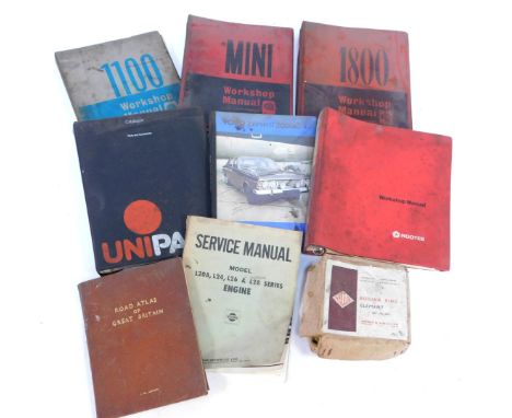 A group of car manuals, to include Nissan Service Manual, Road Atlas of Great Britain, Mini Workshop Manuals, The 1100 Worksh