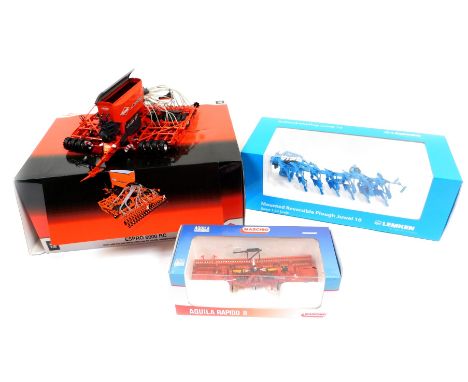 Ros 1:32 scale diecast farming implements, including a Maschio Aquila Rapido 6000, Lemken Mounted Reversible Plough Juwel 10,