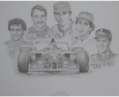 After Stephen Wheldon. The Champions, Alain Prost, Nigel Mansell, Damon Hill, Ayrton Senna, Michael Schumacher, print, 33cm x