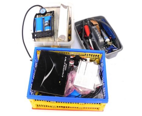 Various tools and bicycle parts, bike chains, replacement gears, reels, clips, etc. (3 boxes) 