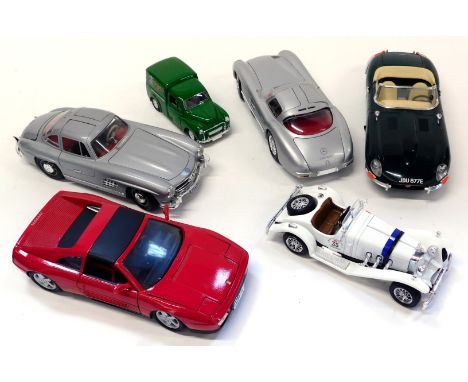 Six Bravo and other 1:18 scale model cars, comprising Burago Mercedes 300SL 1954, Burago Jaguar E 1961, Maisto Mercedes Benz 