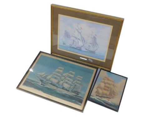 Three shipping prints, comprising after Cheaney Storey, The White Swan, unmarked shipping print and a further oil of a masted