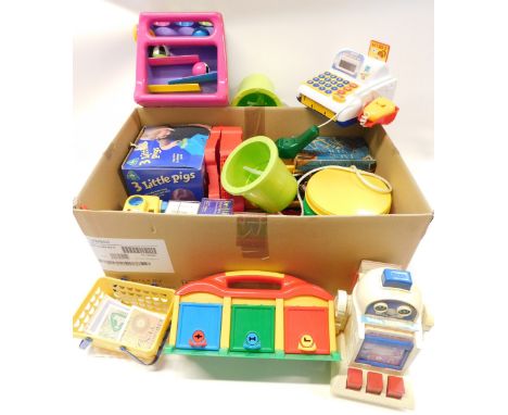 A group of toys and games, comprising Fisher Price Toys Talking Tutor Robot, electric cash register, Bedtime Stories, etc. (1