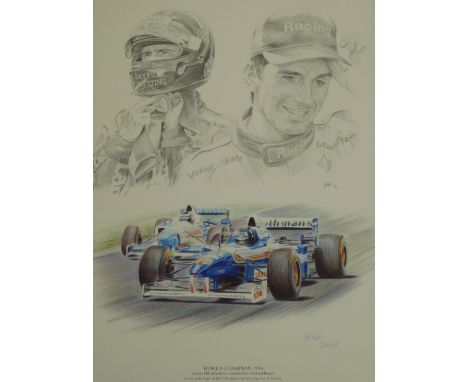 After S H Taylor. World Championship 1996 Damon Hill defends his position from Gerhard Berger in the early stages of the Cham