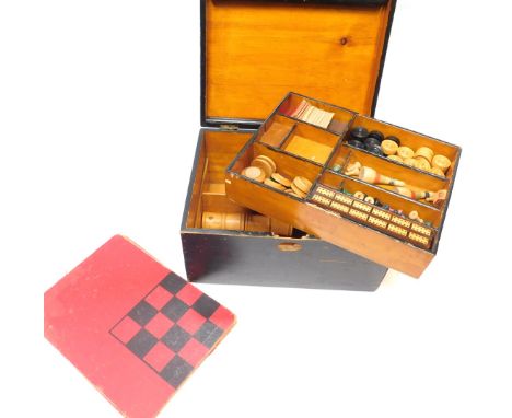 A games compendium, in ebonised box, including game boards, Chequers, Cribbage board, etc. 