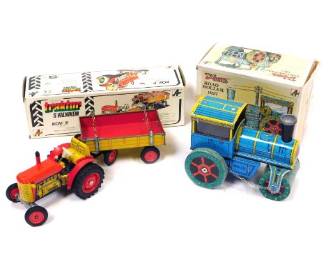 Kovap tin plate clockwork tractor and trailer, and a Kovap tin plate road roller. (2)