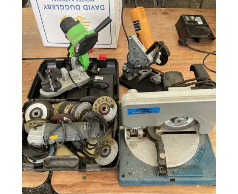 Handy Power angle grinder with discs, Nutool Compound mitre saw with spare discs, chain sharpener and angle grinder on stand 