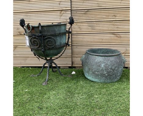 Small wrought metal garden planter with liner, circular cooking pot with lion handles - THIS LOT IS TO BE COLLECTED BY APPOIN