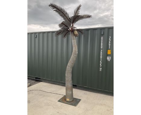 Designer Palms - shaped metal full size palm tree, double curved trunk with large metal fronds and pair of coconut lights, on