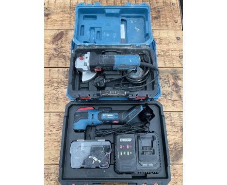 Erbauer EMT18-Li-QC cordles multi tool with charger and accessories together with corded Erbauer angle grinder in carry cases