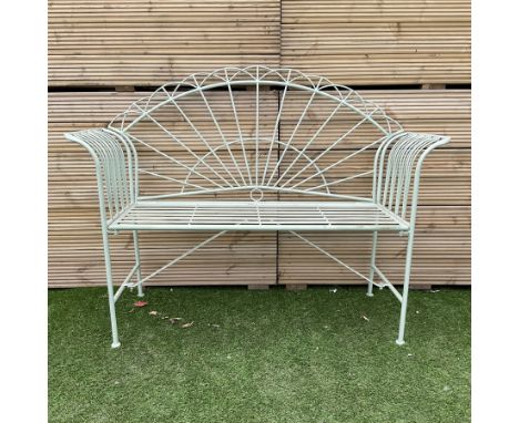 Wrought metal green finish sunrise bench, stapped seat - THIS LOT IS TO BE COLLECTED BY APPOINTMENT FROM DUGGLEBY STORAGE, GR