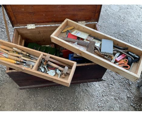 Woodworking tools, chisels, saws, auger bits, drills and other tools in a wooden chest on castors  - THIS LOT IS TO BE COLLEC