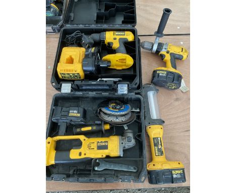 Two DeWalt drills,angle grinder, and light with batteries and attachments in two DeWalt cases  - THIS LOT IS TO BE COLLECTED 