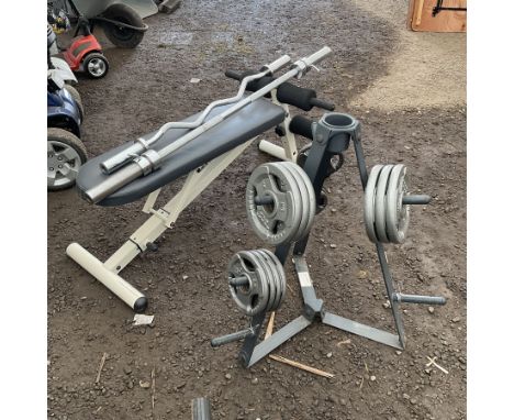 Gym equipment - disc weights, bench, two bars - THIS LOT IS TO BE COLLECTED BY APPOINTMENT FROM DUGGLEBY STORAGE, GREAT HILL,