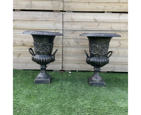 Pair of Victorian design ornate cast iron garden urn, bronze finish, egg and dart border, twin handled column, pedestal base 