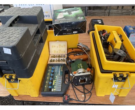 Jigsaw, router and router bit sets with accessories and three stackable step up tool boxes - THIS LOT IS TO BE COLLECTED BY A