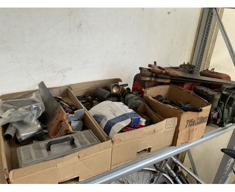 Lawnmower engines, saws, compressor and old tools in three boxes - THIS LOT IS TO BE COLLECTED BY APPOINTMENT FROM DUGGLEBY S