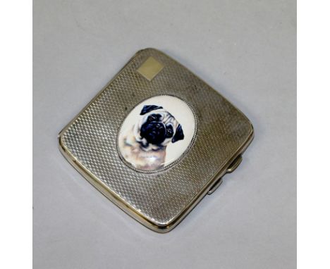 A HEAVY ENGINE TURNED SILVER CIGARETTE CASE, 8cm x 8cm, Chester 1927, the lid with an oval of a pug dog.