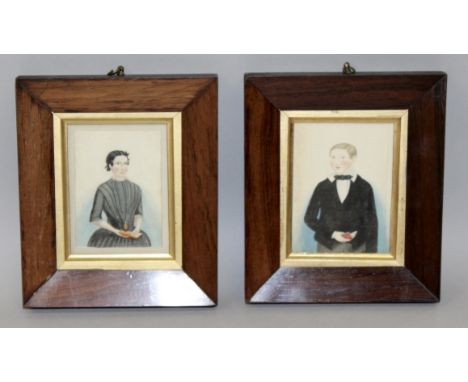 A PAIR OF 19TH CENTURY FOLK ART PORTRAIT MINIATURES, Possibly AMERICAN, three quarter length portrait of a young man and woma