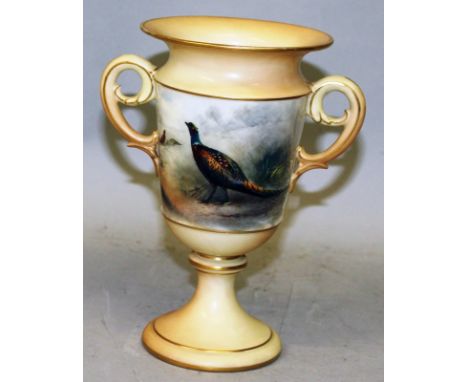 A LATE 19TH CENTURY GRAINGERS WORCESTER TWO HANDLED VASE, painted with a brace of pheasants by John Stinton Sr., signed.