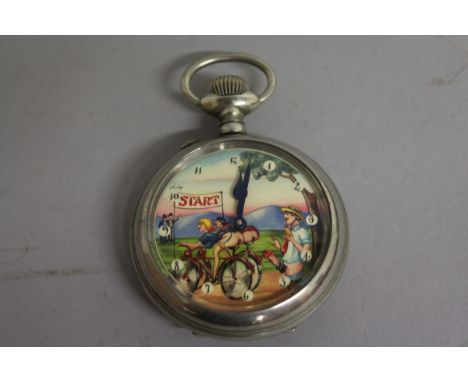 A GENTLEMAN'S EROTIC POCKET WATCH with a automaton face.  6cm diameter.