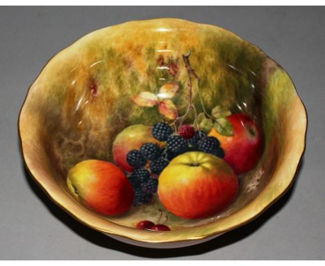 A ROYAL WORCESTER BOWL with shaped rim, hand painted with apples, blackberries and cherries under a shaped rim, date code for