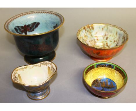 A WEDGWOOD ORANGE LUSTRE AND GILT BOWL, No. Z4825, 5.25ins diameter, two small Wedgwood lustre bowls, both 4ins wide and a CA