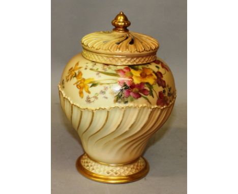 A ROYAL WORCESTER BLUSH IVORY POT POURRI VASE AND PIERCED COVER, painted with flowers, date code for 1905.