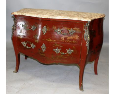 A GOOD 19TH CENTURY FRENCH RED LACQUER ORMOLU MARBLE TOP BOMBE COMMODE with chinoiserie decoration, pink veined cream marble 
