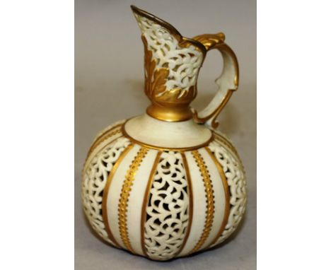 A GRAINGERS WORCESTER RETICULATED EWER, a Carltonware two handled oriental style vase, a Royal Crown Derby hexagonal imari pa