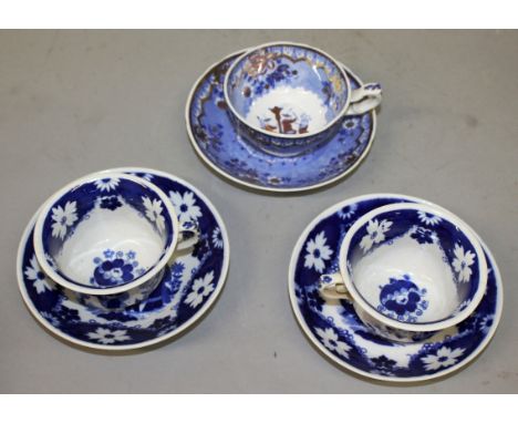 19TH CENTURY ENGLISH BLUE AND WHITE PLATES, a coloured blue & white plate and three tea cups and saucers.