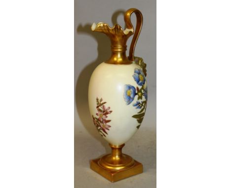 A ROYAL WORCESTER IVORY GROUND EWER with satyr mask handle painted with flowers, date code for 1889.