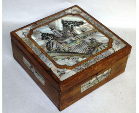 A CHINESE SQUARE ROSEWOOD AND MOTHER-OF-PEARL INLAID BOX.  8.5ins.