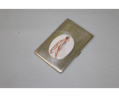 A HEAVY ENGINE TURNED SILVER CIGARETTE CASE, 12cm x 8cm, London 1946, with an oval of a pretty semi nude young lady.