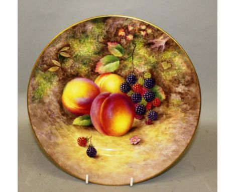 A ROYAL WORCESTER FINE LARGE PLATE, painted with fruit by Harry Ayrton, signed H. Ayrton, black mark date code for 1955.