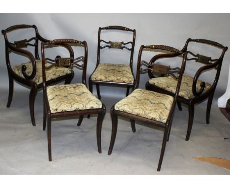 A VERY GOOD SET OF TWELVE REGENCY FAUX ROSEWOOD DINING CHAIRS, two with arms, all with brass inlaid rope twist cresting rail,