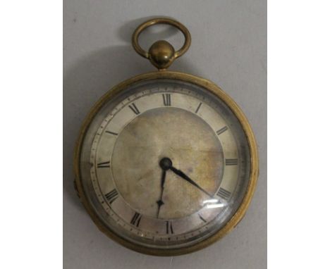 A 19TH CENTURY FRENCH POCKET WATCH by BUFFET, PALAIS ROYAL with silvered face in a gilt metal case.  5cm diameter.