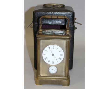 A VERY GOOD 19TH CENTURY FRENCH BRASS CARRIAGE CLOCK with alarm and repeat, with engine turned face and white enamel dial. 6i