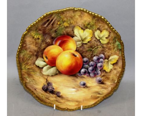A ROYAL WORCESTER FINE LARGE SIZE GADROON BORDERED PLATE painted with fruit by P. Love, signed, date code for 1954.