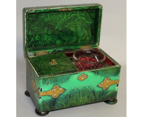 A GOOD VICTORIAN MALACHITE DESIGN PAPIER MACHE TEA CADDY with engraved brass bands on bun feet.  Possibly JENNENS & BETTRIDGE