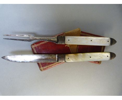 George III folding fruit knife and matching fruit fork with silver blades and mother of pearl handles, contained in leather b