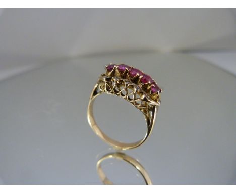 14k Ruby and CZ Ring - Five ruby stones surrounded by small CZ stones UK - N1/2 USA - 6.75 Approx weight 2.6g