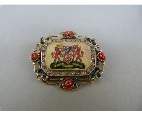 9ct Gold and enamel Gloucester City coat of Arms Brooch. Engraved at the back Mrs W Garrett Mayoress 1950-51 (approx 10g)and 